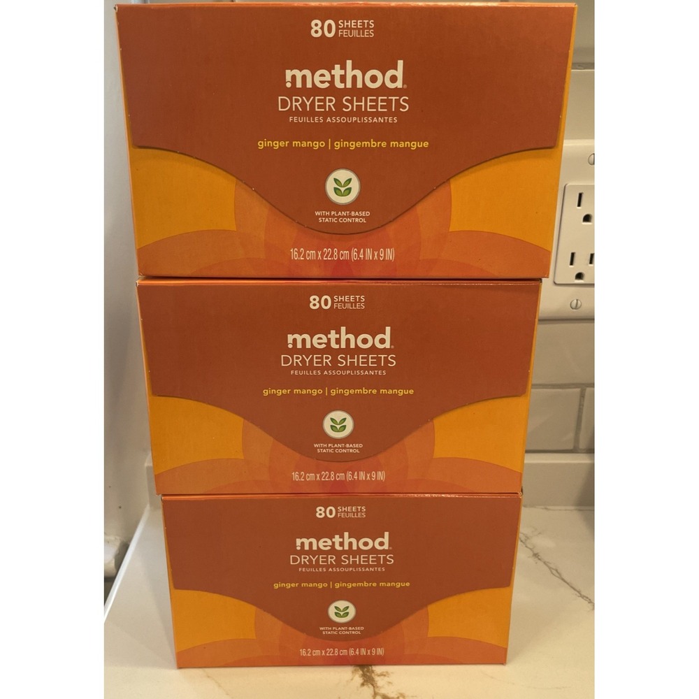 Lot of 3 Method Dryer Sheets Ginger Mango 80 Sheets Each Scented New